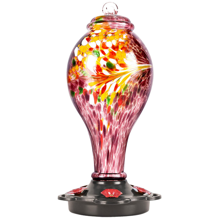 LUJII Hand Blown Glass Hummingbird Feeder for Outdoors Hanging with Ant Guard, 36 fl.oz, Leak Proof & Rustproof, Metal Base with 5 Feeding Ports & 5 Perches, Unique Garden & Backyard Decor (Purple)