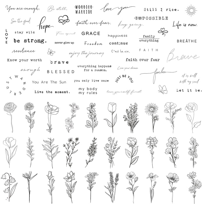 TATUWST Realistic Temporary Tattoos - 60 Sheets Tiny Small Removable Tattoos, 30 Pcs Inspirational Quotes Words Tattoos, 30 Pcs Wild Flower Ink Line Botanical Floral Leaf Tattoo Stickers for Women