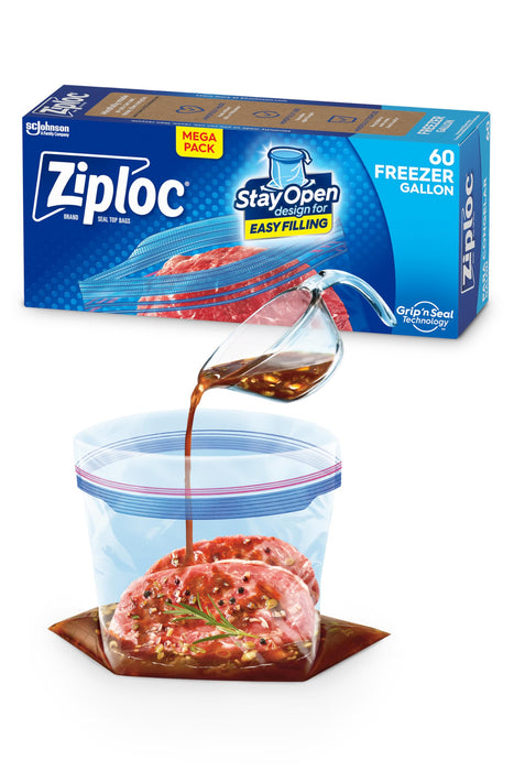 Ziploc Gallon Food Storage Freezer Bags, Stay Open Design with Stand-Up Bottom, Easy to Fill, 60 Count