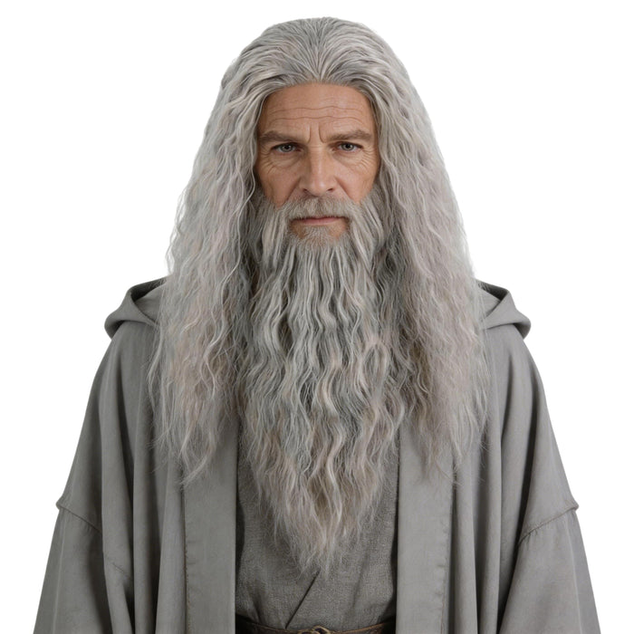 Topcosplay Men Wigs and Beard Set Long Gray Cosplay Halloween Costume Party Wizard Wig