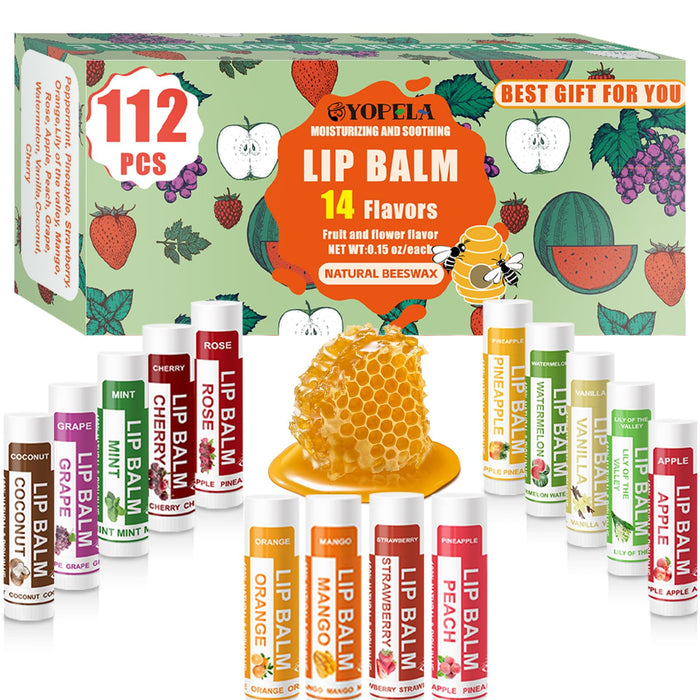 YOPELA 112 Pack Natural Lip Balm Bulk Lip Moisturizer with Vitamin E and Coconut Oil - Hydrating, Moisturizing, Soothing, and Repairing Dry and Chapped Lips - 14 Flavors - Non-GMO Mother's Day Gifts