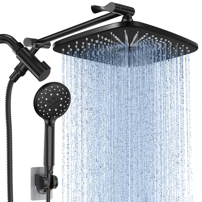 Veken 11.8 Inch High Pressure Rain Shower Head Combo with Extension Arm- Wide Showerhead with 5 Handheld Water Spray - Adjustable Dual Showerhead with Anti-Clog Nozzles - Matte Black