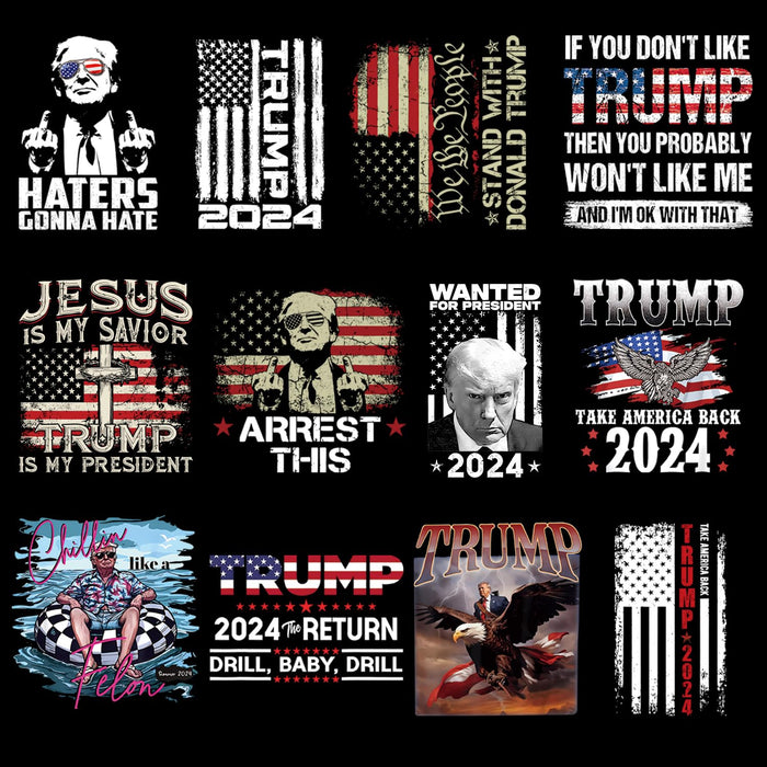 12 Sheets Trump Theme Iron on Transfer Patches Iron on Decals Stickers DIY Crafts Heat Transfer Vinyl Stickers DT Iron on Patches for Clothing T Shirts Backpacks Pillow Decorations