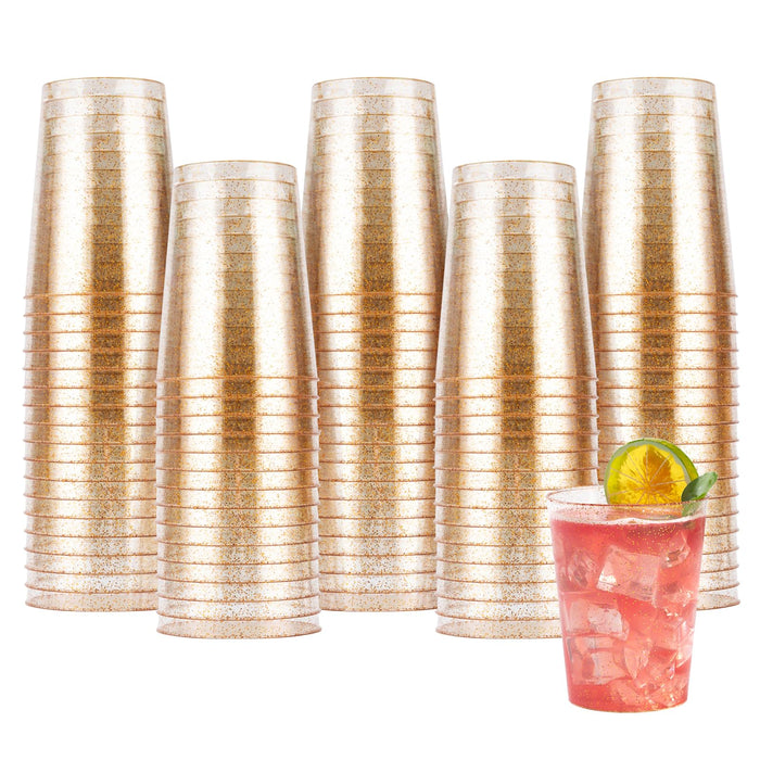 100PCS 10oz Gold Glitter Plastic Cups for Party, Disposable Gold Plastic Cups, Plastic Cocktail Glasses for Wedding Thanksgiving, Christmas, and Parties