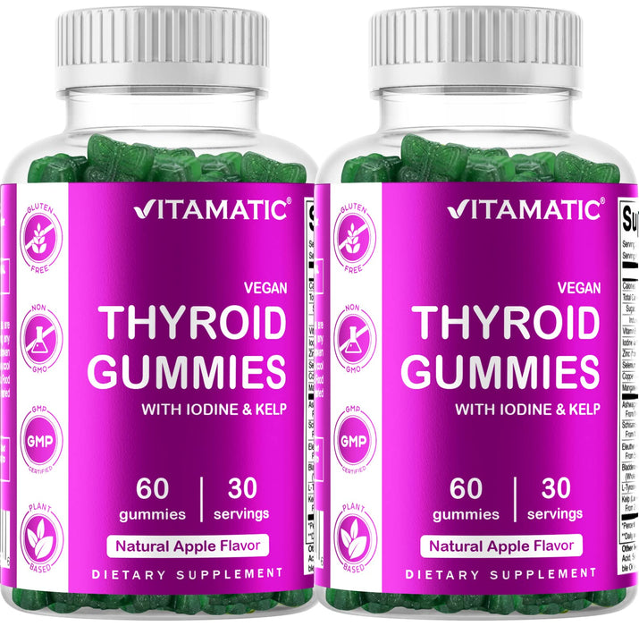 Vitamatic 2 Pack Vegan Thyroid Support Gummies with Iodine & Kelp - 60 Count - Improve Your Energy & Increase Metabolism - Plant Based