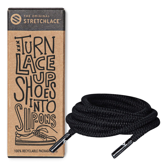 THE ORIGINAL STRETCHLACE - Round Shoelaces, No-tie Elastic Shoelaces, Stylish Shoe Laces for Elderly, Kids, and People with Special Needs, Black, 63in