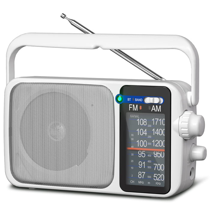 YOWGULF AM FM Radio with Best Reception,Bluetooth Portable AM FM Transistor Radio,Battery Operated Radio or AC Power,Large Dial,Headphone Jack, Gifts for Seniors Elderly White