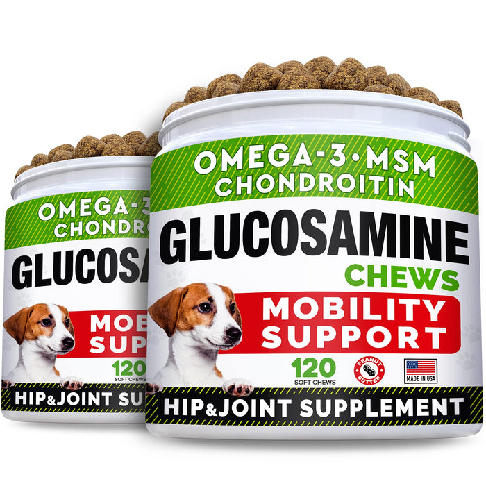 Glucosamine Treats for Dogs - Joint Supplement w/Omega-3 Fish Oil - Chondroitin, MSM - Advanced Mobility Chews - Joint Pain Relief - Hip & Joint Care - Peanut Butter Flavor - 240 Ct