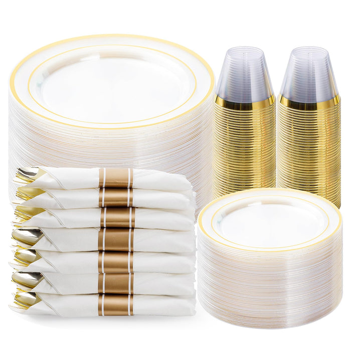 BESTVIP 350PCS Clear Gold Plastic Dinnerware Set, Disposable Party Plates for 50 Guests, Include: 100 Plastic Plates, 50 Pre Rolled Napkins with Silverware, 50 Cups