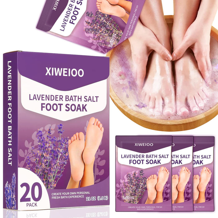 Foot Soak Salts with Epsom Salt for Soaking Lavender Pedicure kit Foot Bath- 20 Pack Bath sea Salts pedicure foot spa soak Products kit 21 oz Tea Tree Oil feet soak Athletes Callus Remover XIWEIOO