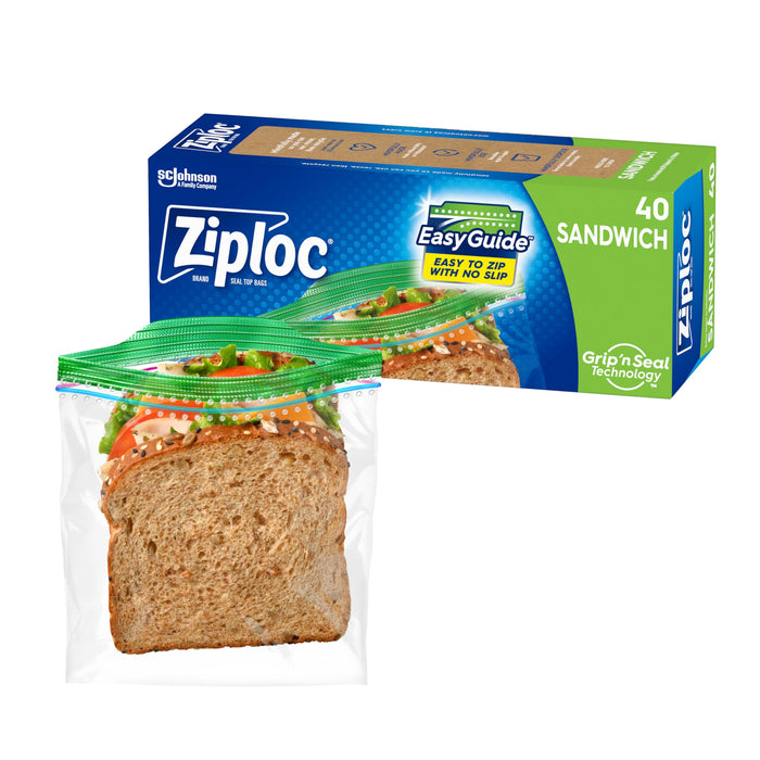 Ziploc Sandwich and Snack Bags with EasyGuide Texture, Plastic Storage Bags with Grip 'n Seal Technology, 40 Bags Total