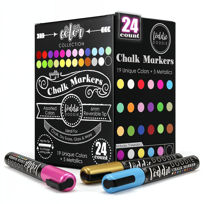 Loddie Doddie Chalk Markers - Pack of 24, 6mm Reversible Tips - Liquid Chalk Pens for Glass Surfaces & Windows - Erasable Pens for Chalkboard Calendar - Non-Toxic Chalkboard Markers