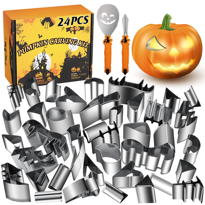 WANNTS Pumpkin Carving Kit Halloween, Safe and Easy Set for Kids, DIY Stainless Steel Tools Halloween Decoration Jack-O-Lanterns, Gift Halloween(24 Pieces)