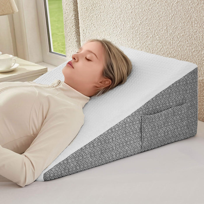 Nordjager Wedge Pillow for Sleeping & Resting, 24"x24"x12" Memory Foam Cushion with Grey White Patterned Polyester Cover, Ideal for Bedroom & Living Room – Comfortable Support for Adults