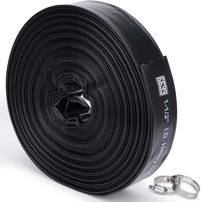 6699 Discharge Hose 1-1/2-Inch by 100-Foot Sump Pump With 2pcs SUS 304 Clamps for Pool Backwash, Draining/Removing Water - Lay Flat 1500