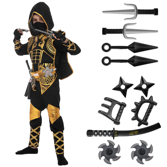 Spooktacular Creations Golden Ninja Costume Set, Ninja Jumpsuit with Foam Accessories for Kids, Toddler Halloween Outfit for Ideas Cosplay Party (Small, 5-7 yrs)