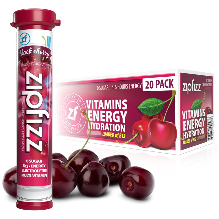 Zipfizz Daily Energy Drink Powder, Black Cherry, 20 Pack 3-in-1 Sustained Energy, Rapid Hydration, and Essential Vitamins Sugar-Free Electrolyte Powder Contains Vitamin B-12 & Antioxidants