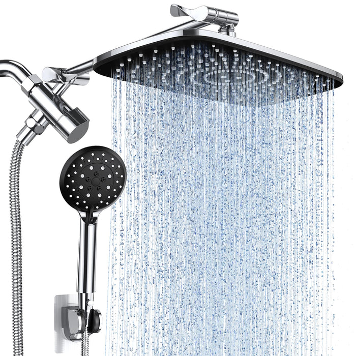 Veken 11.8 Inch Rectangle High Pressure Rain Shower Head Combo with Extension Arm- Wide Showerhead with 5 Handheld Water Spray - Adjustable Dual Showerhead with Anti-Clog Nozzles - Silver Chrome