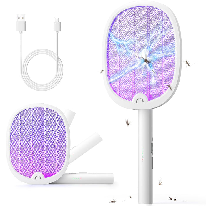 YISSVIC Electric Fly Swatter Foldable Bug Zapper Racket 2 in 1 Mosquito Killer with Purple Attractant Light Rechargeable 1800mAh for Indoor Home Backyard Patio Camping (1, White)