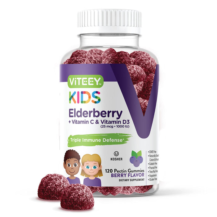 Sambucus Elderberry Gummies for Kids Immune Support Supplements with Vitamin D3 & Vitamin C - 3-1 Immune Booster - Vegetarian, Gelatin Free, Gluten Free, GMO Free - Tasty Chewable Berry Flavored Gummy