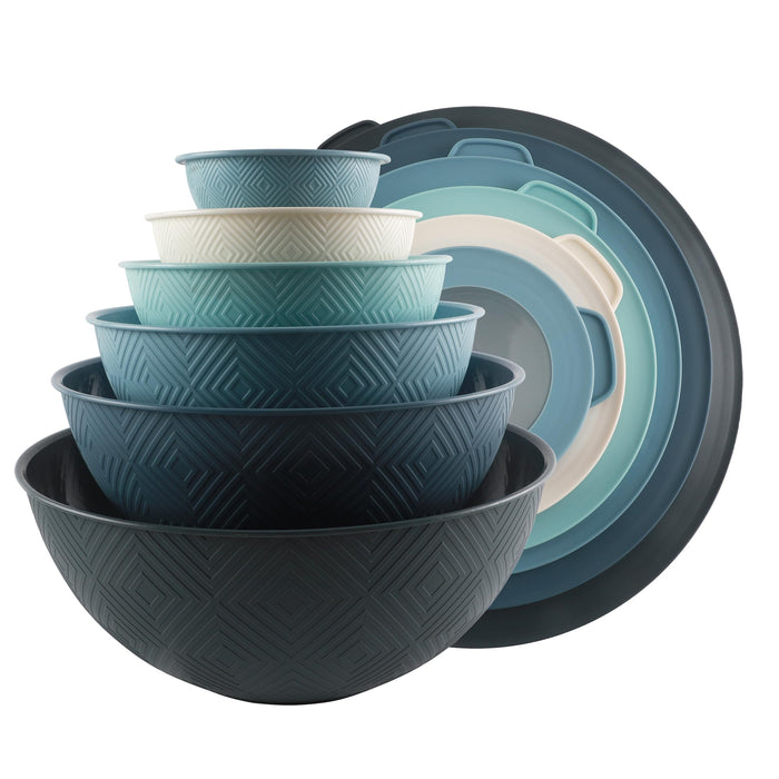 COOK WITH COLOR Mixing Bowls with Lids - 12 Piece Plastic Nesting Bowls Set includes 6 Prep Bowls and 6 Lids, Rhombus Design - Microwave Safe (Blue)