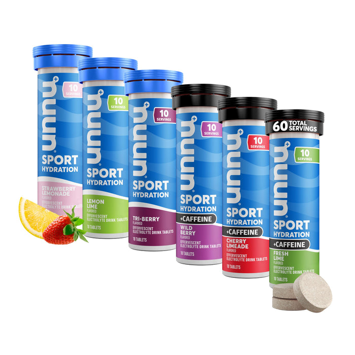 Nuun Sport + Caffeine Electrolyte Tablets – Dissolvable in Water, Variety Pack | 5 Essential Electrolytes for Hydration | 1g Sugar Drink Mix | Vegan, Non-GMO | 6 Pack (60 Total Servings)