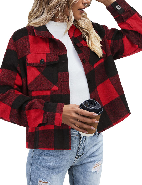 Zeagoo Women's Cropped Flannel Fashion Plaid Shacket Jacket Christmas Button Down Long Sleeve Shirt Coat Tops