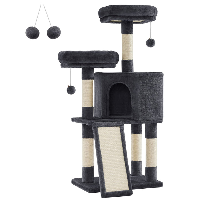 Feandrea Cat Tower, Cat Tree for Indoor Cats, 45.3-Inch Cat Condo with Scratching Post, Ramp, Perch, Spacious Cat Cave, for Kittens, Elderly Cats, Adult Cats, Small Space, Smoky Gray UPCT141G01