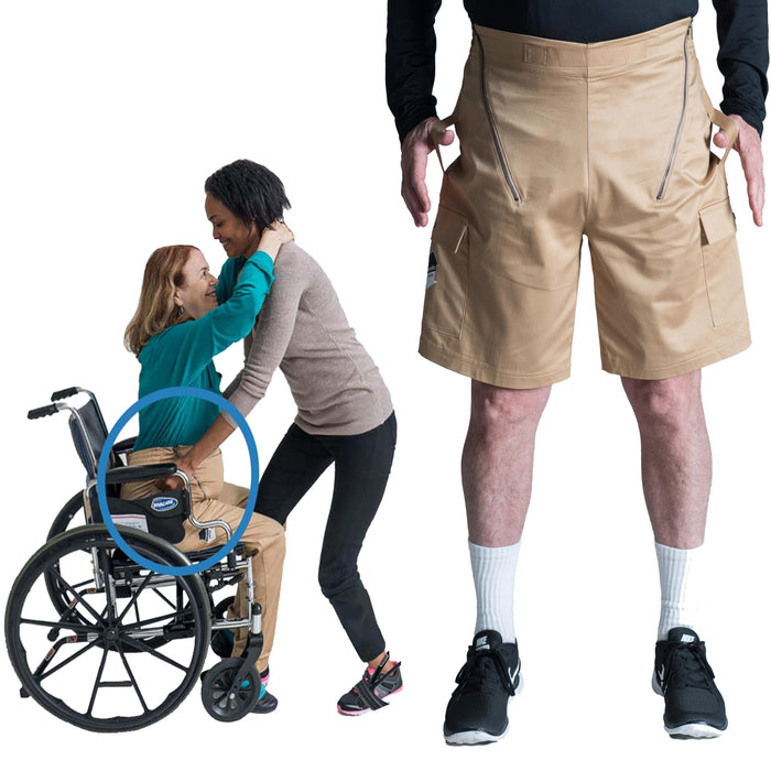 Transfer Pants - Standing Aid & Support for Transfering Disabled Wheelchair Patients Safely - Comfy Fleece Sweatpants (US, Numeric, 34, 36, Regular, Regular, Cargo Shorts - Tan)