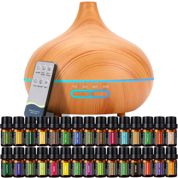 Ultimate Aromatherapy Diffuser,Essential Oil Set,Essential Oil Diffuser,Ultrasonic Diffuser with 550ML Tank Ideal for Large Rooms, Waterless Auto Off,Adjustable Timer,7 LED Light Colors and Mist Mode