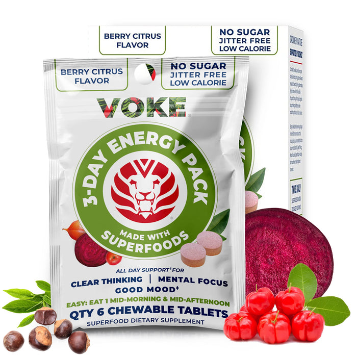 Voke Energy Tablets - Rapid Focus Superfood Chewable Tablets, Pocket Portable, Resealable Packaging, Vitamin C, Supports Focus Memory Concentration Clear Thinking and Good Mood. 60 Count (Pack of 10)