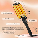 Alure Three Barrel Curling Iron Wand Hair Waver with LCD Temperature Display - 1 Inch Ceramic Tourmaline Triple Barrels, Dual Voltage Crimp