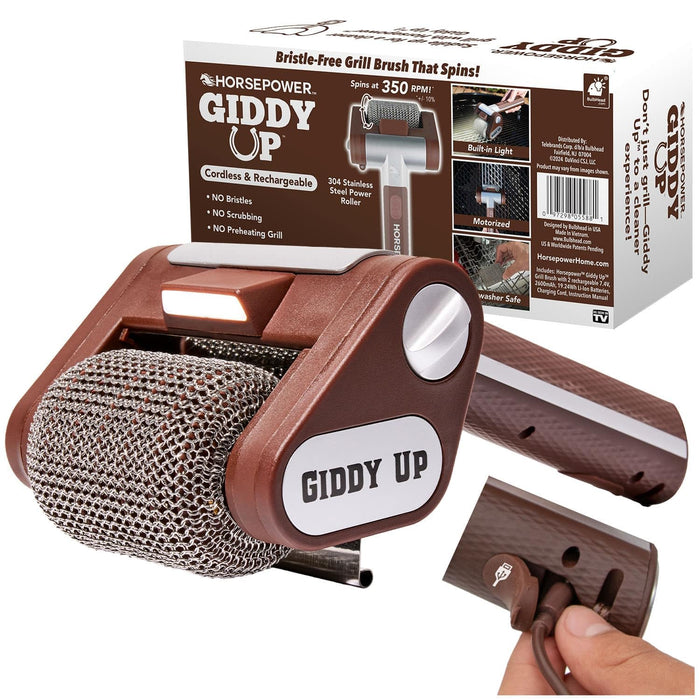HorsePower Giddy Up Grill Cleaner AS SEEN ON TV! – Cordless, Rechargeable BBQ Tool with 350 RPM Stainless Roller, LED Light – Patents Pending – From BulbHead, a Family-Owned American Brand