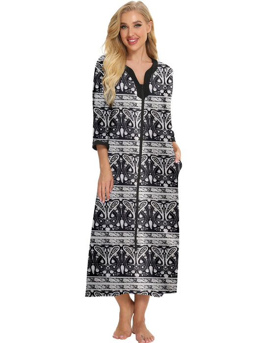 Bloggerlove House Dresses for Elderly Mumu Dresses Women Leopard House Dress V Neck Nightgown Robe Half Sleeve Loungewear Full Length Sleepwear Zipper Duster Housecoat
