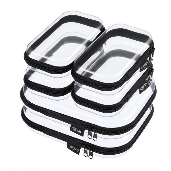 6 Pack Black Clear Hard Shell Beauty Organizer (2M+4S), 1.2mm Heavy Duty Crush-Proof Cosmetic Case, Reinforced YKK Zippers, Stadium Approved Security Bag for Skincare & Electronics, Multi-Size Set