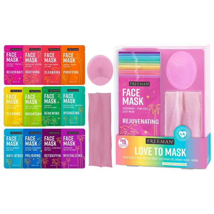 Freeman 14 Piece Love To Mask Variety Pack, Face Masks For All Skin Types, Hydrate, Detoxify, & Clear Skin, Exfoliating Scrub, Bonus Headband & Skin Buffer, Stocking Stuffer, Cruelty-Free & Vegan