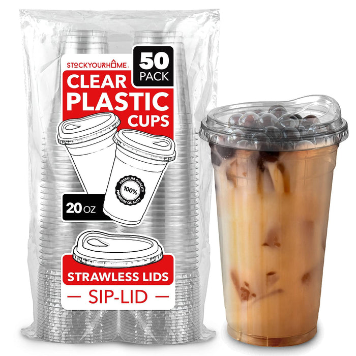 20 oz Clear Plastic Cups with Lids Disposable, Togo Drinking Cup with Strawless Sip Lid for Smoothie, Cold Brew Iced Coffee, Lemonade, Ice Latte, Boba, Party Drinks, Bulk, 20 Ounce (Set of 50)