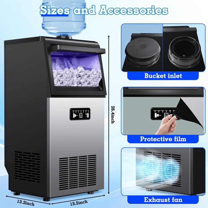 Commercial Ice Maker Machine 100LBS/24H, 36Ice Cubes/Cycle Stainless Steel Freestanding & Undercounter Ice Maker with 20LBS Storage, 2 Water Inlet Modes,Self-Cleaning for Homes,Bars,Restaurants