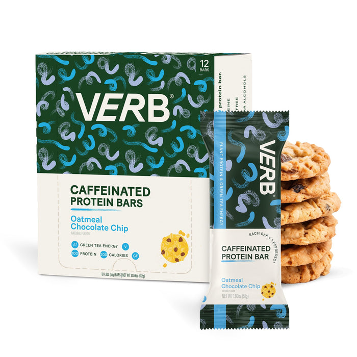 Verb Energy - Oatmeal Chocolate Chip Caffeinated Protein Bars - 190-Calorie 6g Sugar 10g Protein Bar - Vegan Snacks - Gluten Free Breakfast Bars with Organic Green Tea, 49g (Pack of 12)