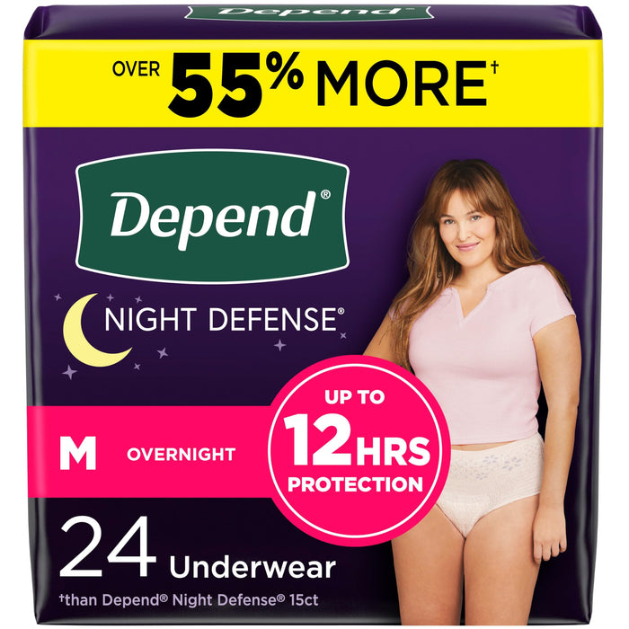 Depend Night Defense Adult Incontinence & Postpartum Bladder Leak Underwear for Women, Disposable, Overnight, Medium, Blush, 24 Count, Packaging May Vary