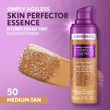 Covergirl Simply Ageless Skin Perfector Essence Foundation, 50 Medium-Tan, Tinted Skin Perfector, Skincare Makeup Hybrid, Sheer Tint, Radiant Finish, Skin-Like Finish, Vegan Formula, 1.0oz