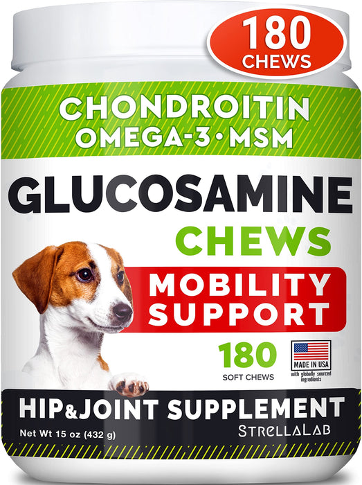 Glucosamine Treats for Dogs - Joint Supplement w/Omega-3 Fish Oil - Chondroitin, MSM - Advanced Mobility Chews - Joint Pain Relief - Hip & Joint Care - Chicken Flavor - 180 Ct - Made in USA