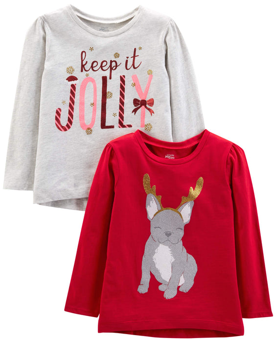 Simple Joys by Carter's Baby 2-Pack Christmas Long-Sleeve Tees, Grey Jolly/Red Dog Print, 2T