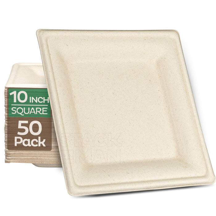 100% Compostable Square Paper Plates [50-Pack] - {PFAS-Free} - {BPI Certified} - [10 Inch] Heavy Duty, Eco-Friendly, Biodegradable Bagasse Dinner Plates - Natural Brown 10" Plate by Stack Man