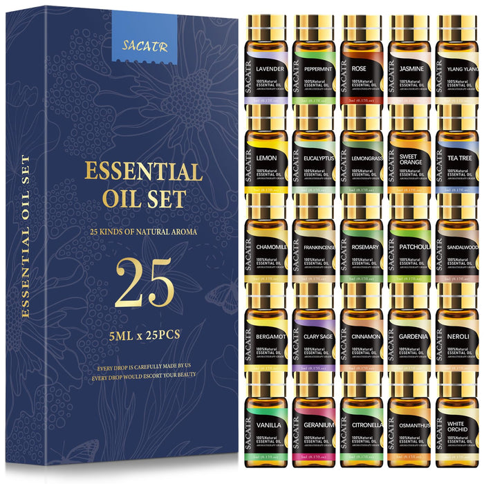 Essential Oil Set - 100% Natural Essential Oils 25 x 5ML -Aromatherapy Oils Gift Set for Diffuser, Aromatherapy, Home Care, Soap, Bath Bombs,Candle Making(25 * 5ML)