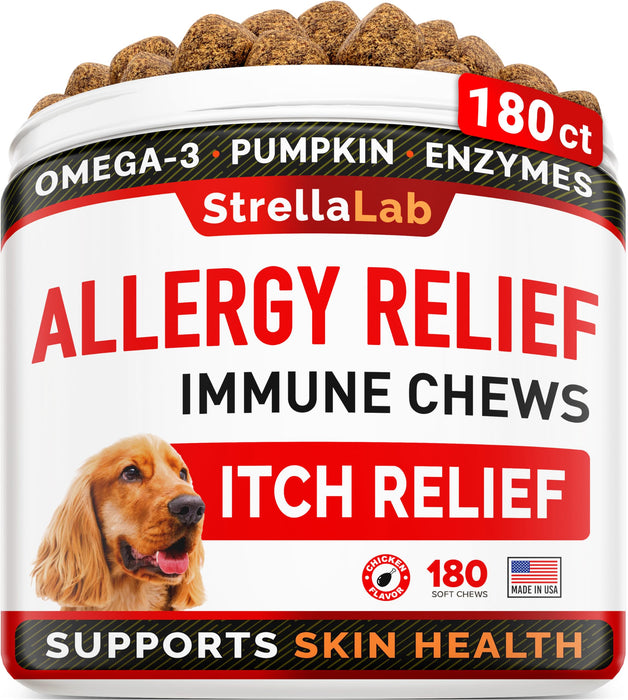 STRELLALAB Dog Allergy Relief (180 Chews) - Dog Itchy Skin Treatment + Omega 3 & Pumpkin, Dog Allergy Chews & Anti Itch Support Skin&Coat Supplement, Dogs Itching&Licking Treats, Dog Itch Relief Chew