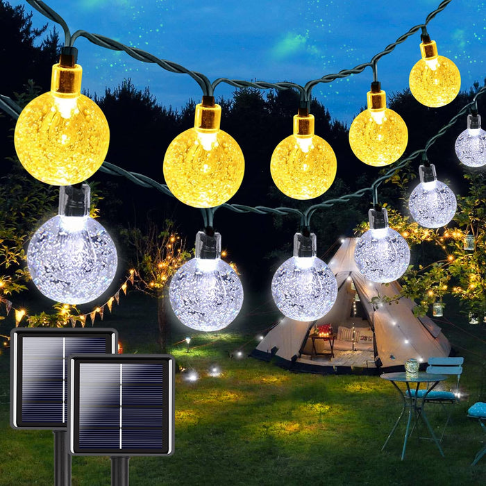 1-Pack Warm White & 1-Pack Cool White Total 100 LED 64FT Crystal Globe Solar String Lights Outdoor, Waterproof Solar Outdoor Lights with Modes, Solar Lights for Garden Tree Patio Christmas Decoration