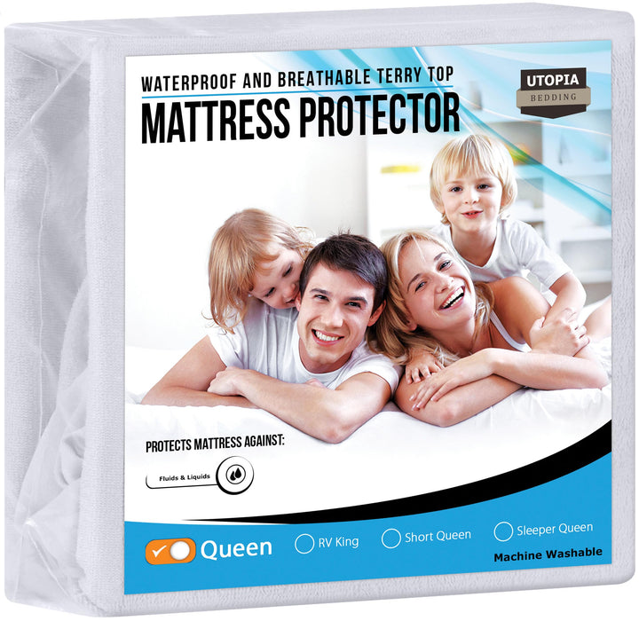 Utopia Bedding Waterproof Mattress Protector Queen Size, Premium Terry Mattress Cover 200 GSM, Breathable, Fitted Style with Stretchable Pockets (White)