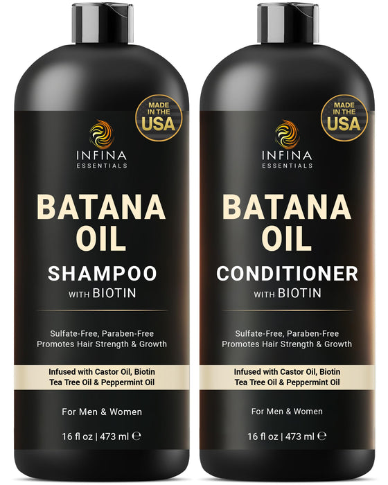 INFINA ESSENTIALS Batana Oil Shampoo and Conditioner Set | 16 fl oz Each | with Biotin & Tea Tree | Moisturizing, Strengthening & Nourishing Formula | Promotes Hair Growth and Thickness