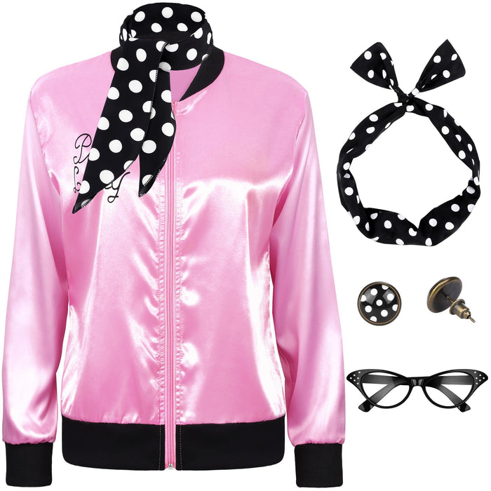 SOMSOC 5 Pieces 1950s Women Pink Satin Jacket with Polka Dot Scarf Headband Earrings Eye Glasses Halloween Party Costume Set